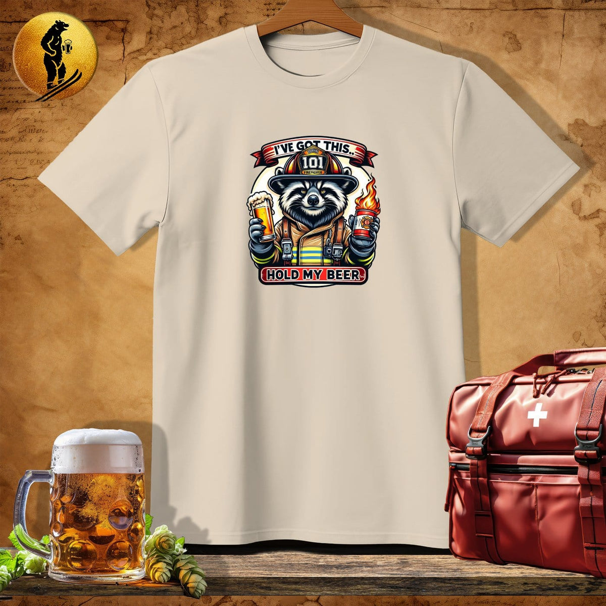 MyDesigns Physical Item Sand / S Firefighter Red-Hot Raccoon T-Shirt
